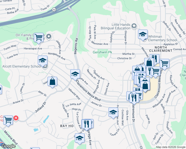 map of restaurants, bars, coffee shops, grocery stores, and more near 3325 Ogalala Avenue in San Diego