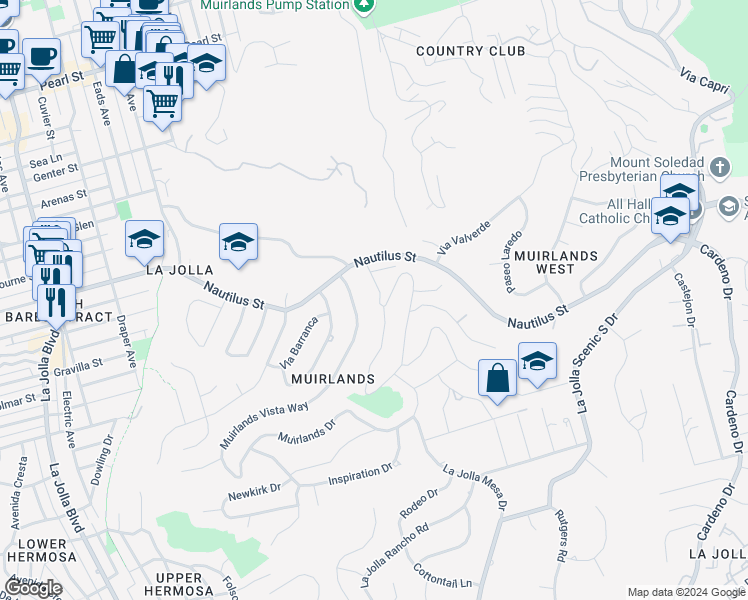 map of restaurants, bars, coffee shops, grocery stores, and more near 6649 Muirlands Drive in San Diego