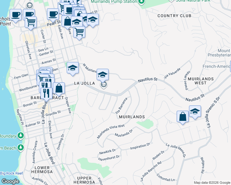 map of restaurants, bars, coffee shops, grocery stores, and more near 6726 Avenida Manana in San Diego