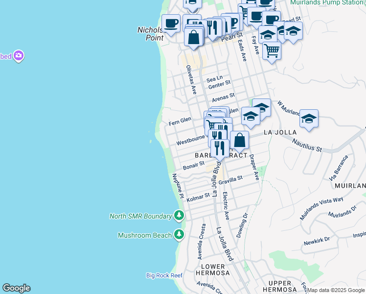 map of restaurants, bars, coffee shops, grocery stores, and more near 7010 Vista Del Mar Avenue in San Diego