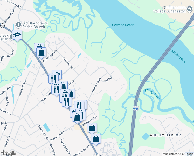 map of restaurants, bars, coffee shops, grocery stores, and more near 1632 Dogwood Road in Charleston