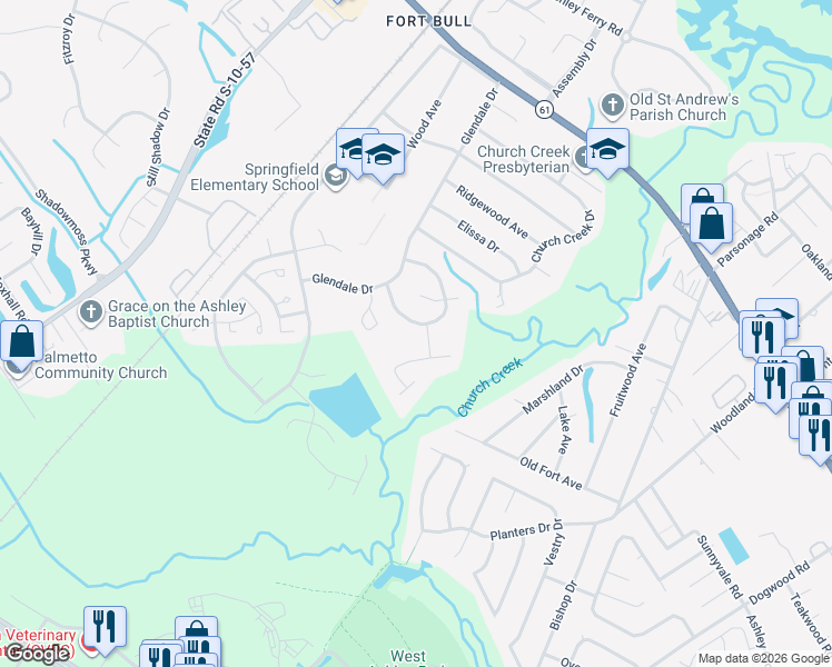 map of restaurants, bars, coffee shops, grocery stores, and more near 2597 Morning Dove Lane in Charleston