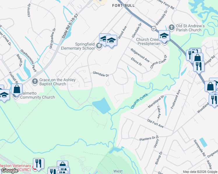 map of restaurants, bars, coffee shops, grocery stores, and more near 2633 Lake Myrtle Drive in Charleston