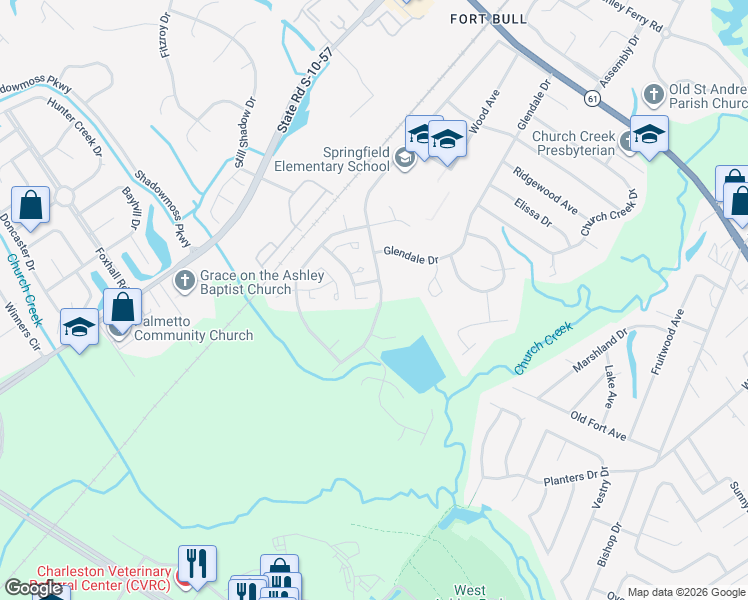 map of restaurants, bars, coffee shops, grocery stores, and more near 1996 Wild Flower Lane in Charleston
