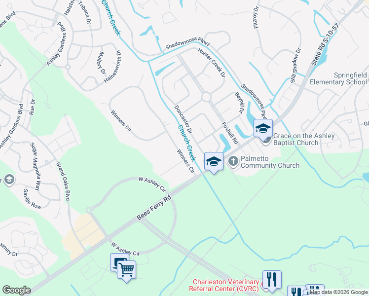 map of restaurants, bars, coffee shops, grocery stores, and more near 2903 Doncaster Drive in Charleston
