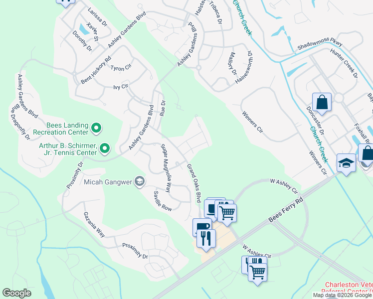 map of restaurants, bars, coffee shops, grocery stores, and more near 107 Fulmar Place in Charleston