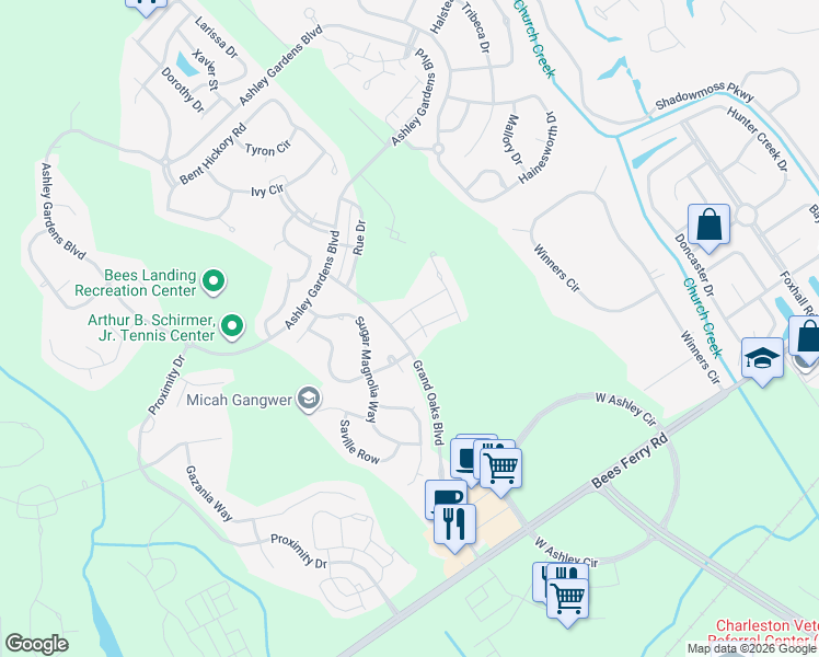 map of restaurants, bars, coffee shops, grocery stores, and more near 107 Fulmar Place in Charleston
