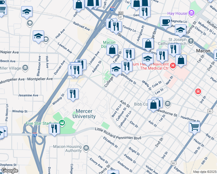 map of restaurants, bars, coffee shops, grocery stores, and more near 1248 College St in Macon
