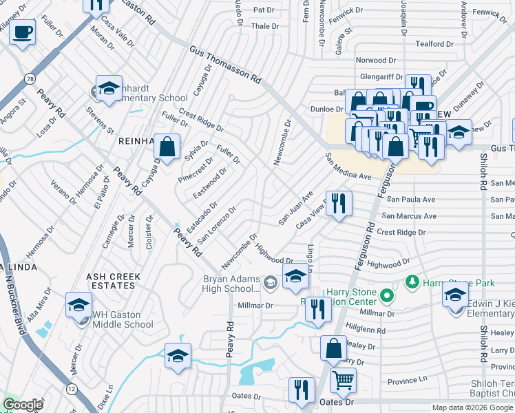 map of restaurants, bars, coffee shops, grocery stores, and more near 10126 San Lorenzo Drive in Dallas
