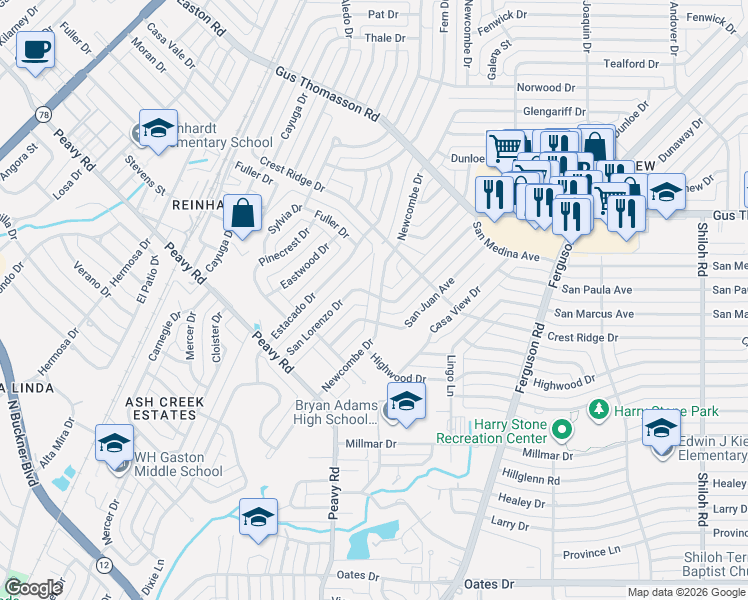 map of restaurants, bars, coffee shops, grocery stores, and more near 10126 San Lorenzo Drive in Dallas
