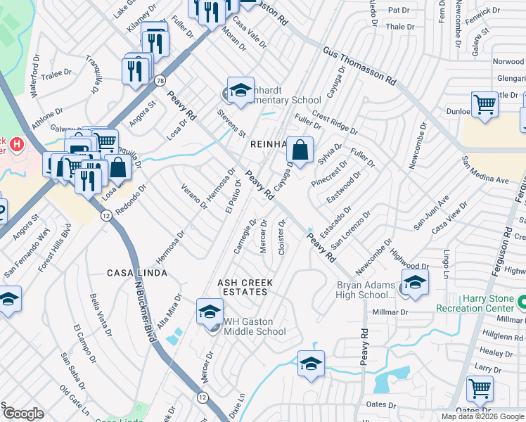map of restaurants, bars, coffee shops, grocery stores, and more near 9923 Carnegie Drive in Dallas