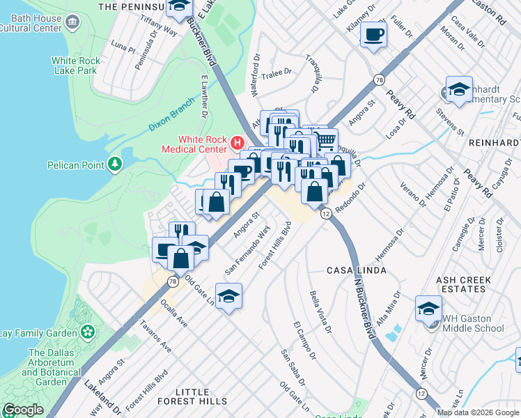 map of restaurants, bars, coffee shops, grocery stores, and more near 9363 Angora Street in Dallas