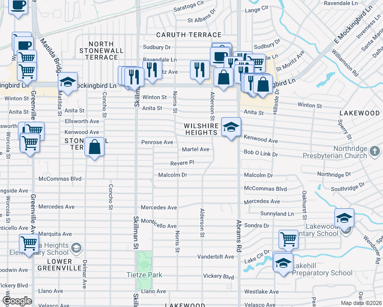map of restaurants, bars, coffee shops, grocery stores, and more near 6260 Martel Avenue in Dallas