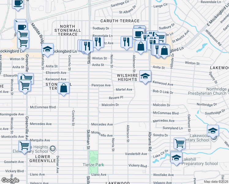map of restaurants, bars, coffee shops, grocery stores, and more near 6260 Martel Avenue in Dallas