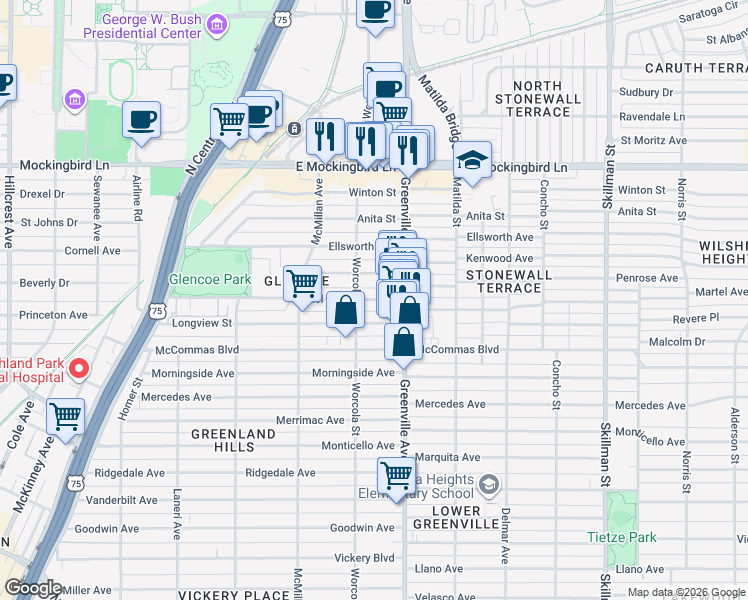 map of restaurants, bars, coffee shops, grocery stores, and more near 5625 Martel Avenue in Dallas