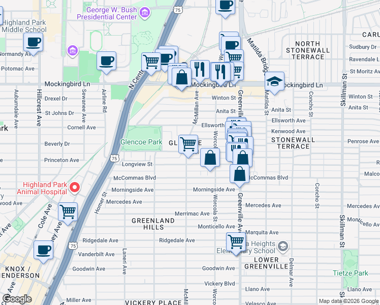 map of restaurants, bars, coffee shops, grocery stores, and more near 5515 Martel Avenue in Dallas