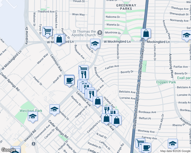 map of restaurants, bars, coffee shops, grocery stores, and more near 3723 Fairfax Avenue in Dallas