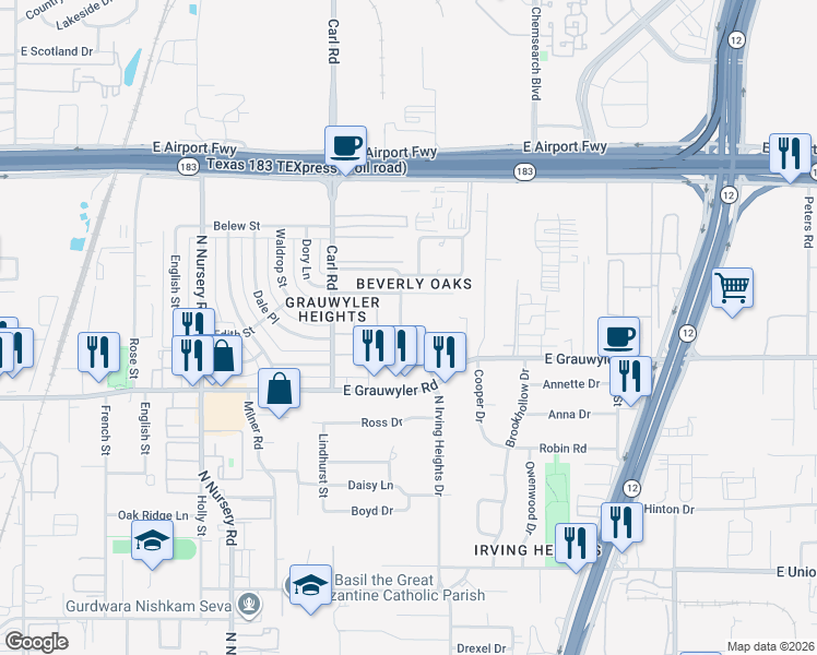 map of restaurants, bars, coffee shops, grocery stores, and more near 1708 North Irving Heights Drive in Irving