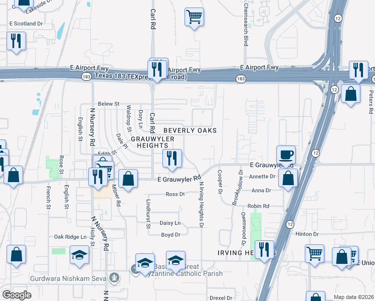 map of restaurants, bars, coffee shops, grocery stores, and more near 1708 North Irving Heights Drive in Irving