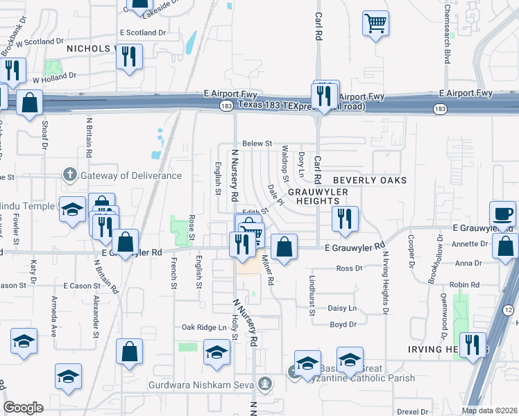map of restaurants, bars, coffee shops, grocery stores, and more near 1725 Milner Road in Irving
