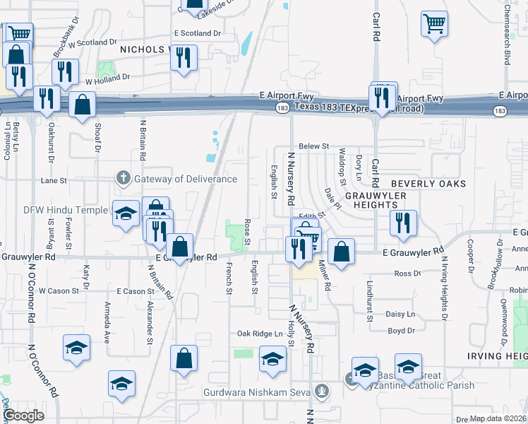 map of restaurants, bars, coffee shops, grocery stores, and more near 1723 Jordan Court in Irving