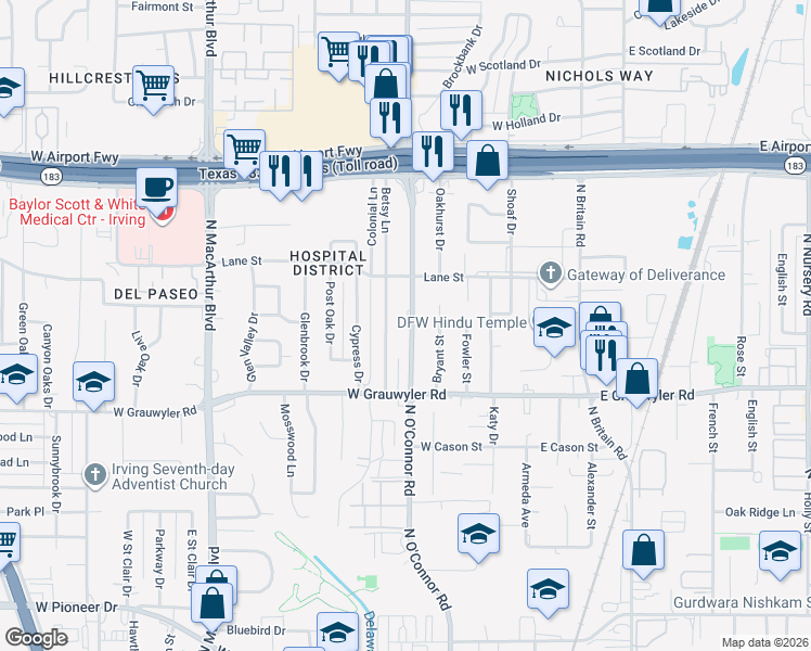map of restaurants, bars, coffee shops, grocery stores, and more near 1628 North O'Connor Road in Irving
