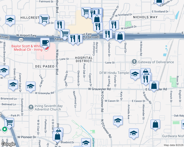 map of restaurants, bars, coffee shops, grocery stores, and more near 1629 Betsy Lane in Irving