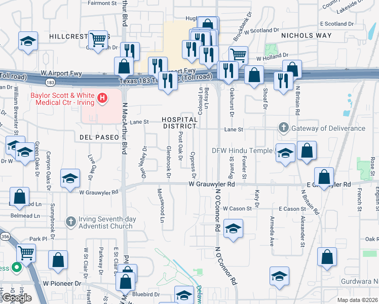map of restaurants, bars, coffee shops, grocery stores, and more near 1702 Post Oak Drive in Irving