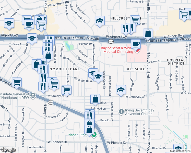 map of restaurants, bars, coffee shops, grocery stores, and more near 1613 Oak Meadow Drive in Irving