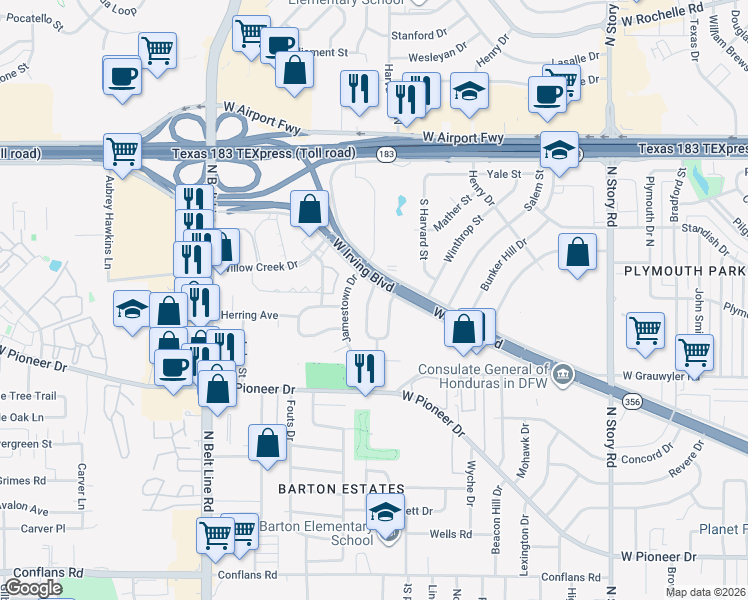 map of restaurants, bars, coffee shops, grocery stores, and more near 1651 Mount Vernon Drive in Irving