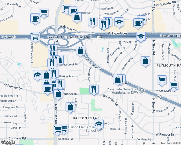 map of restaurants, bars, coffee shops, grocery stores, and more near 1651 Mount Vernon Drive in Irving