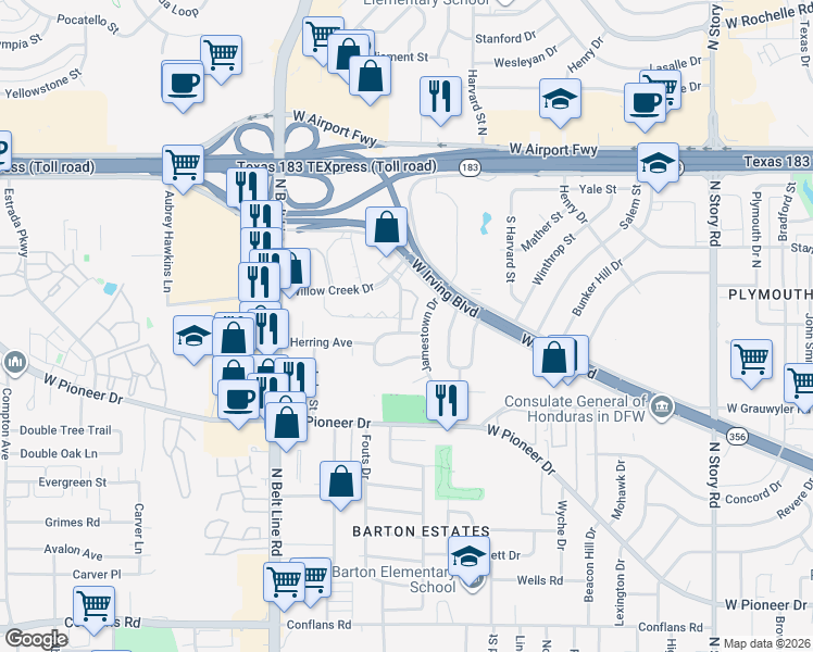 map of restaurants, bars, coffee shops, grocery stores, and more near 1900 Cloverleaf Lane in Irving