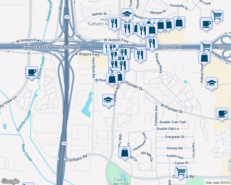 map of restaurants, bars, coffee shops, grocery stores, and more near 1824 Esters Road in Irving