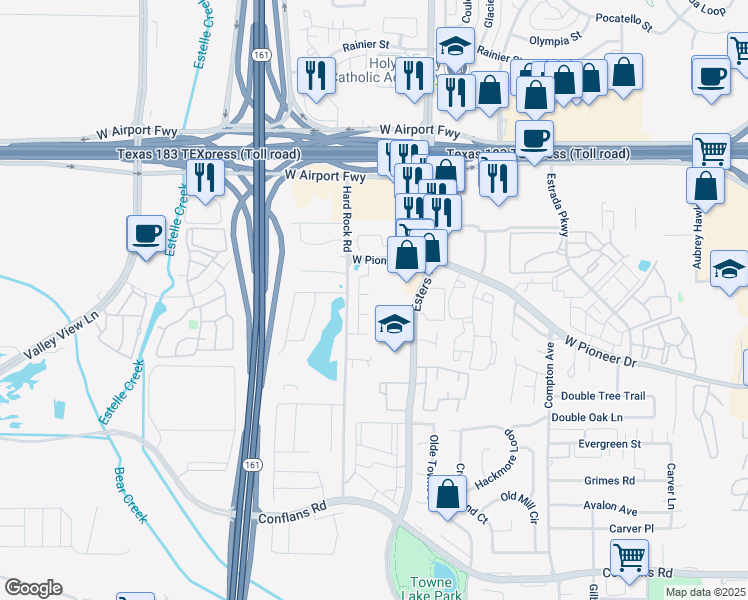 map of restaurants, bars, coffee shops, grocery stores, and more near 4423 Kennedy Court in Irving