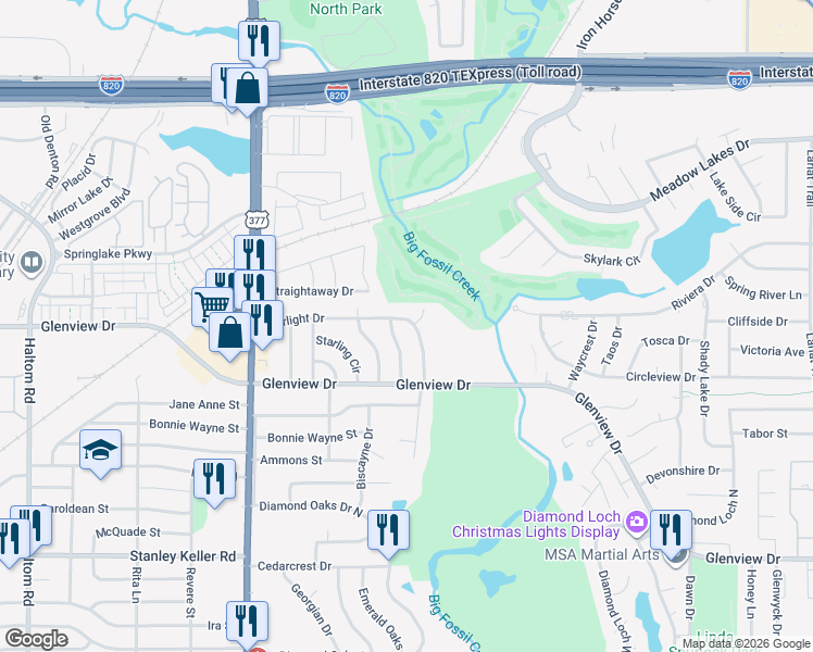 map of restaurants, bars, coffee shops, grocery stores, and more near 5825 Starlight Drive in Fort Worth