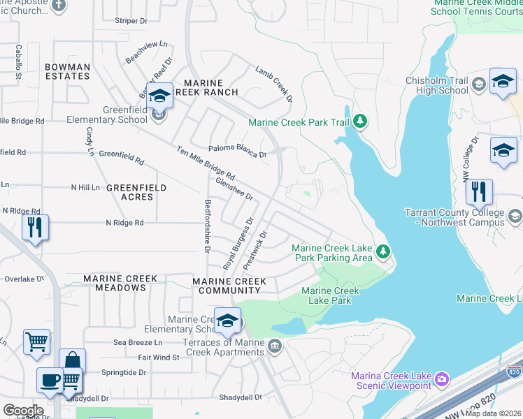 map of restaurants, bars, coffee shops, grocery stores, and more near 5317 Prestwick Drive in Fort Worth