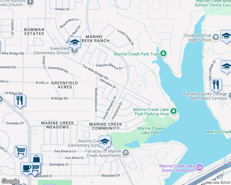 map of restaurants, bars, coffee shops, grocery stores, and more near 5304 Newcastle Lane in Fort Worth