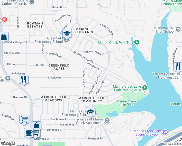 map of restaurants, bars, coffee shops, grocery stores, and more near 5705 Addington Drive in Fort Worth