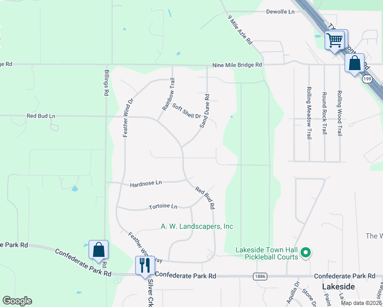 map of restaurants, bars, coffee shops, grocery stores, and more near 6100 Sand Dune Road in Fort Worth