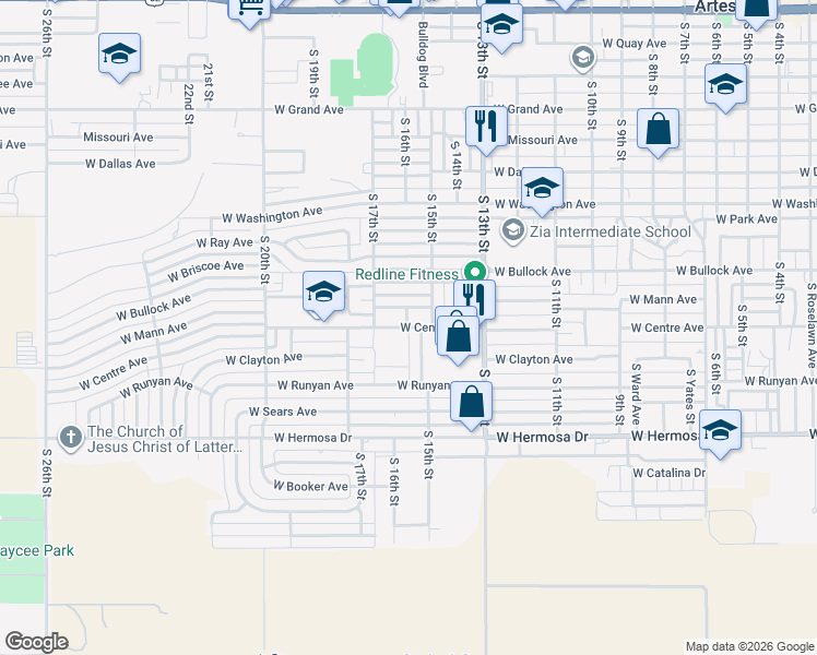 map of restaurants, bars, coffee shops, grocery stores, and more near 1106 South 15th Street in Artesia