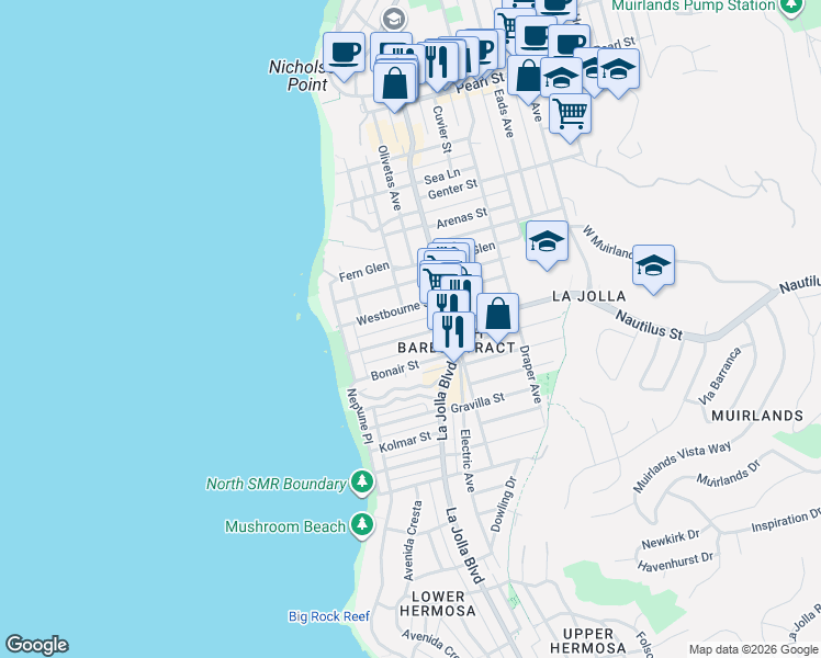 map of restaurants, bars, coffee shops, grocery stores, and more near 470 Nautilus Street in San Diego