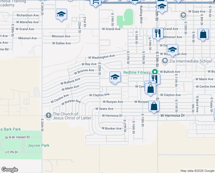 map of restaurants, bars, coffee shops, grocery stores, and more near 1802-1898 West Centre Avenue in Artesia