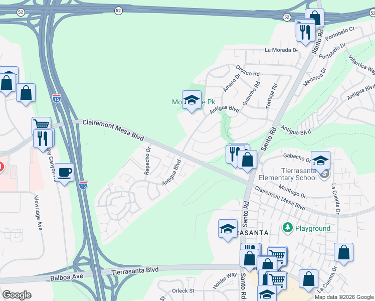 map of restaurants, bars, coffee shops, grocery stores, and more near 5497 Escarchosa Lane in San Diego