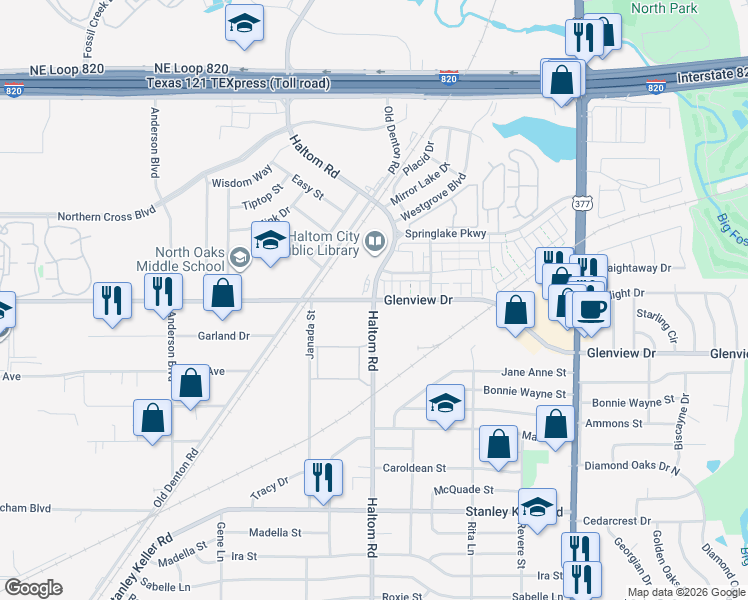 map of restaurants, bars, coffee shops, grocery stores, and more near 4491-4499 Glenview Drive in Haltom City