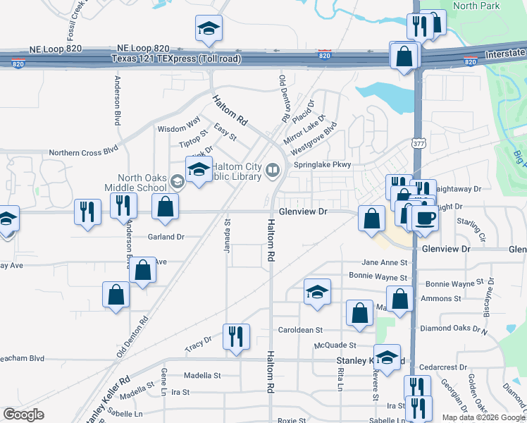 map of restaurants, bars, coffee shops, grocery stores, and more near 4491 Glenview Drive in Haltom City