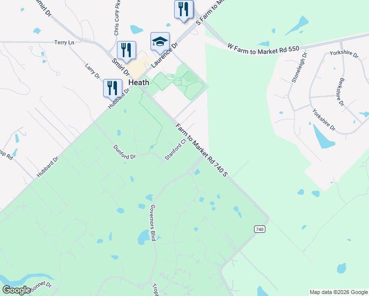 map of restaurants, bars, coffee shops, grocery stores, and more near 200 Stanford Court in Heath