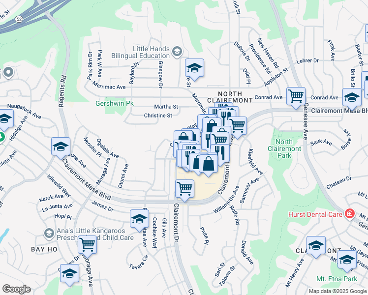 map of restaurants, bars, coffee shops, grocery stores, and more near 4778 Clairemont Dr in San Diego