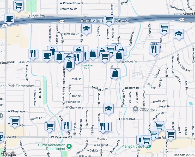 map of restaurants, bars, coffee shops, grocery stores, and more near 220 Olive Street in Hurst