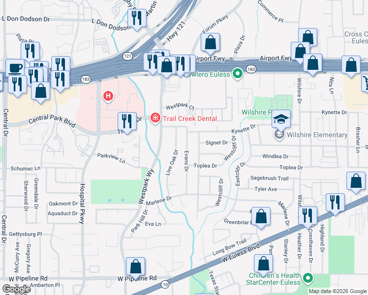 map of restaurants, bars, coffee shops, grocery stores, and more near 407 Evans Drive in Euless