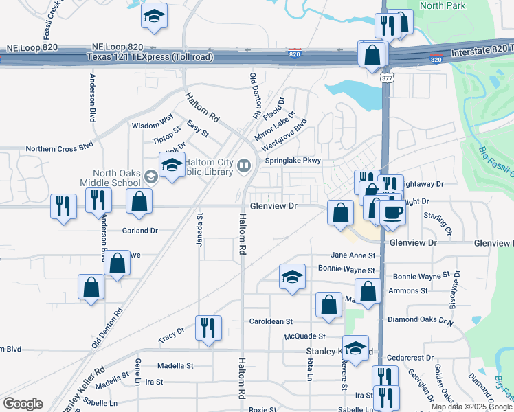 map of restaurants, bars, coffee shops, grocery stores, and more near 5136 Glenview Drive in Haltom City